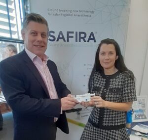 Chris Rogers, Sales & Marketing Director, Medovate Ltd with Nicki Dill, Managing Director, Qualitech Healthcare at the Association of Anaesthetists Winter Scientific Meeting (WSM) 2023 